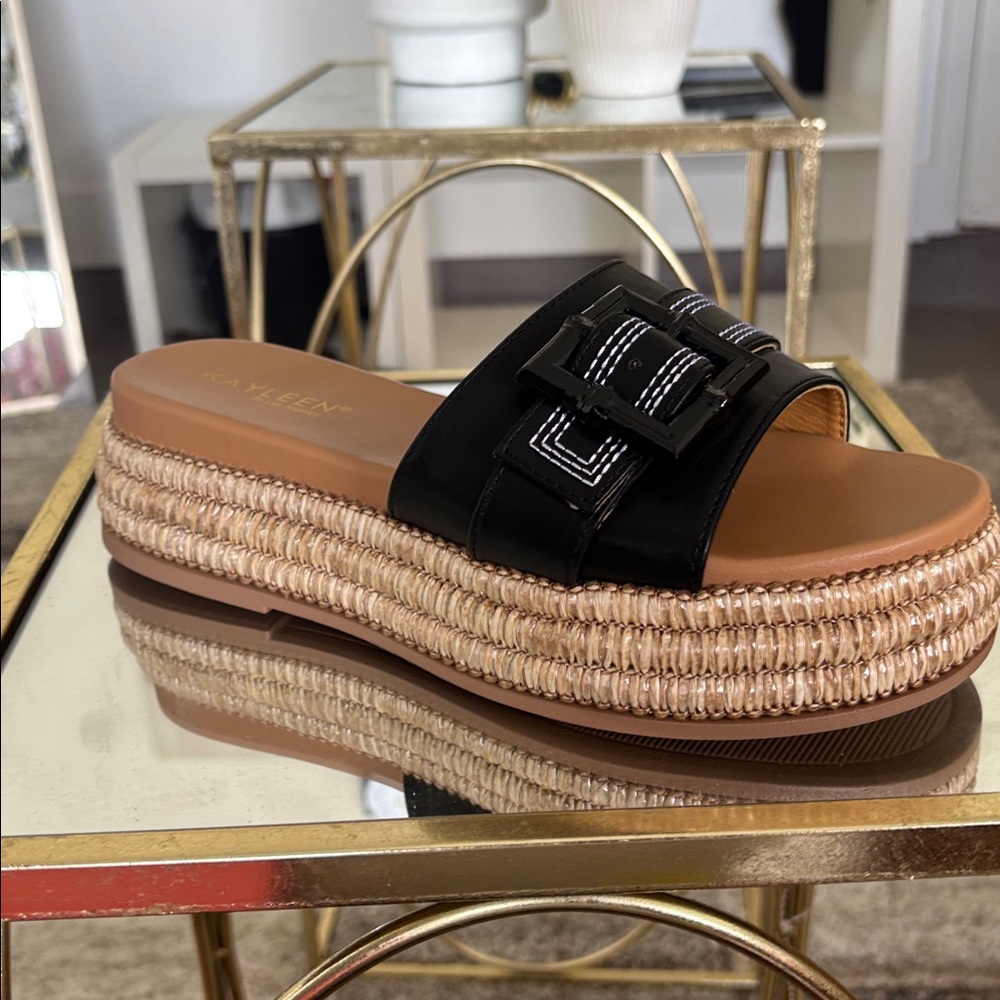 Black and Tan Platform Slide Sandals